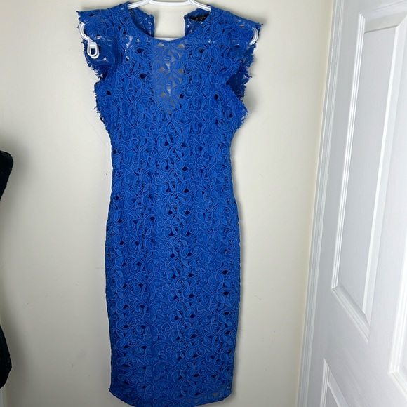 Zara Royal Blue Guipure Lace Embroidery Chic Midi Dress Size Small - Picture 4 of 16